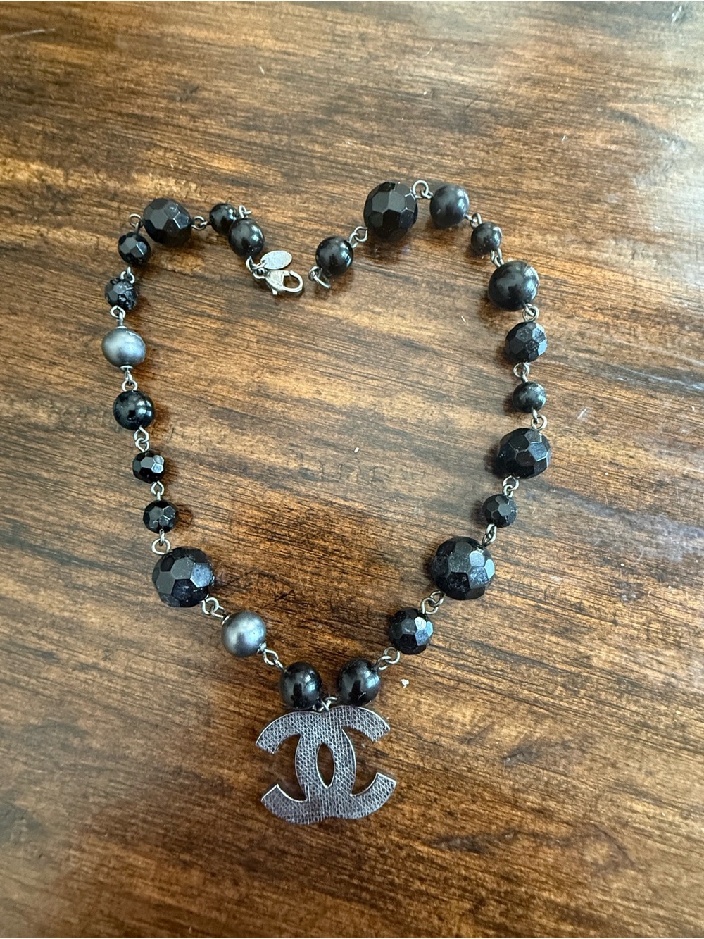 CHANEL Silver-Tone Logo Charm with Black and Gray Beads Necklace ❤️